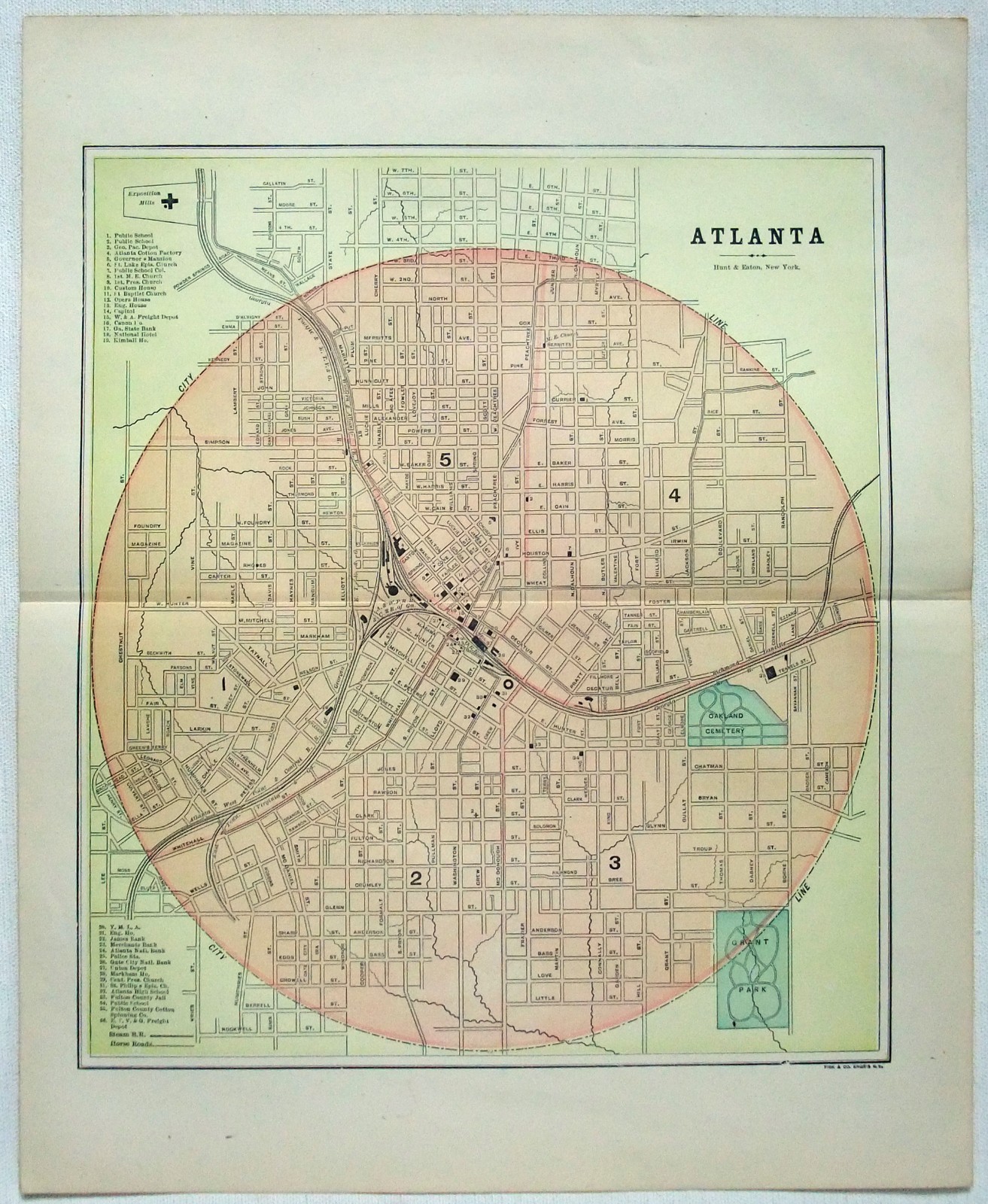 Atlanta GA – Original 1891 City Map by Hunt & Eaton. Antique