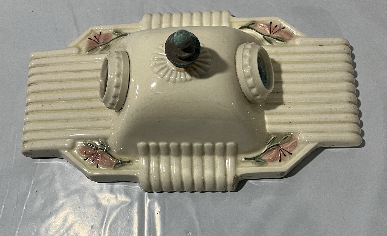 Porcelier Porcelain Floral Double Socket Ceiling Light Fixture Art Deco Vintage