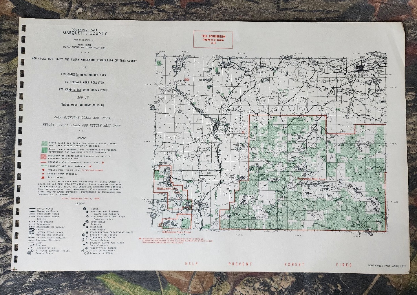Vtg 1955 Southwest Part Marquette County MI Dept Conservation Plat Maps 11″X17″