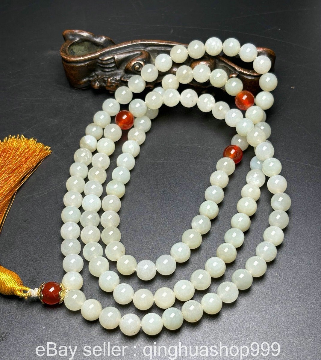 0.3″ Chinese Marked Old Hetian White Jade Carving Bead Bracelets Necklace