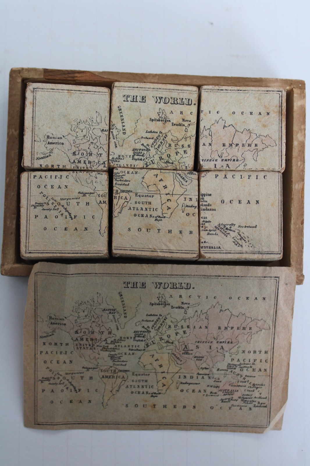 RARE Early / Mid-19th Century Lithograph Geography Map Child’s Toy Blocks w/ Box