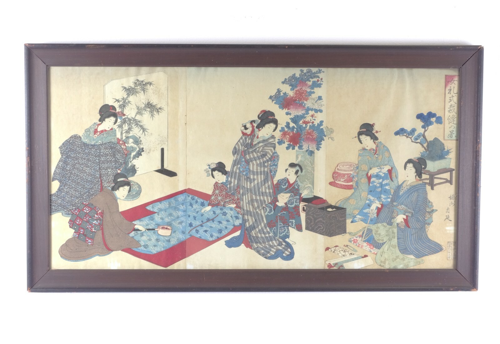 Japanese Antique Woodblock Triptych: Ladies Meeting