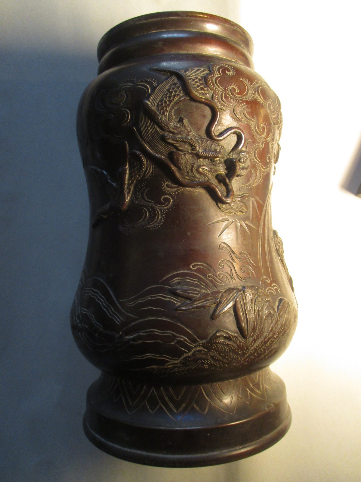 Dragon & Tiger Mythology Theme Antique Bronze Japan Meiji Vase 9.5″ Tall
