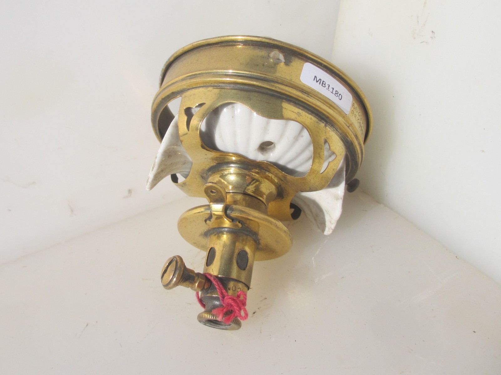 Edwardian Brass Gas Light Shade Holder Old Gallery Ceramic Shell Antique 1915