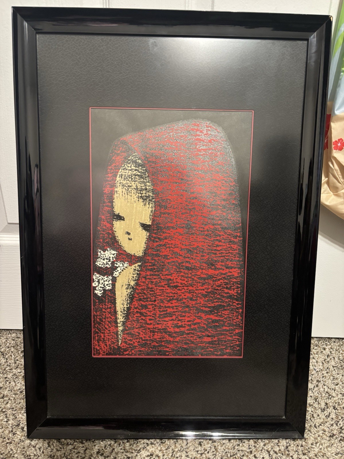 Kaoru Kawano Woodblock Art Girl and Bird Framed 1950s Original Japanese