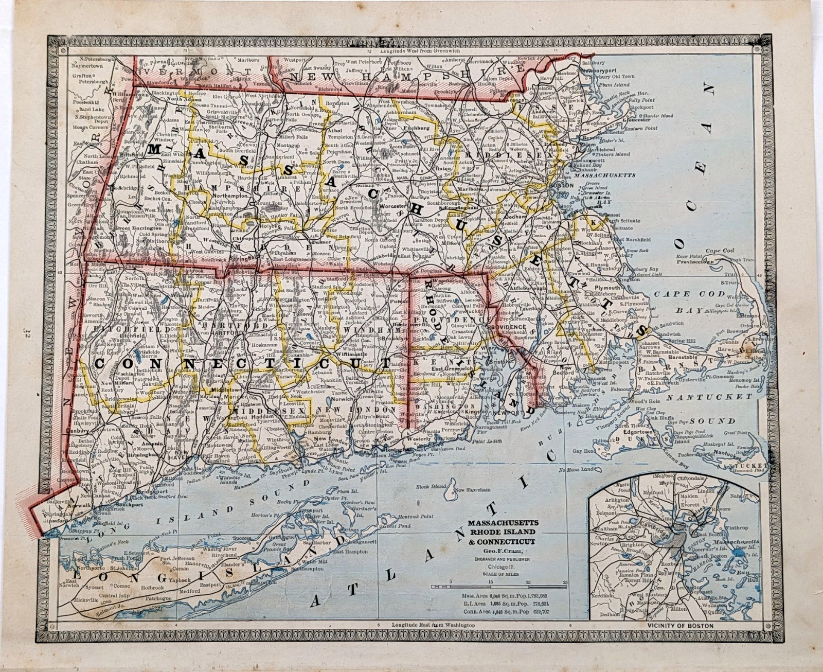 1883 RHODE ISLAND – MASSACHUSETTS – CONNECTICUT Map ORIGINAL (11.5×9.5)