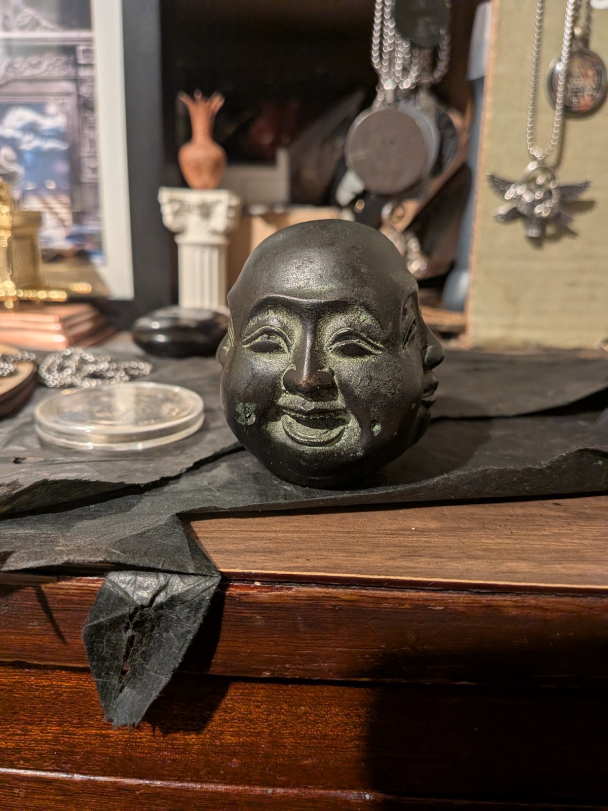 Chinese Green Patina Cast-Metal, Sculpture, Four Faces of Life Buddha