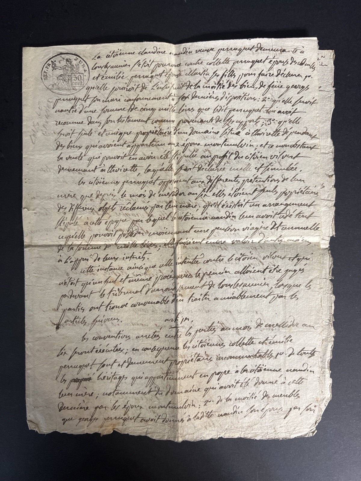 French Revolution Era Manuscript Document 50c REP FR Stamp Antique Legal Paper
