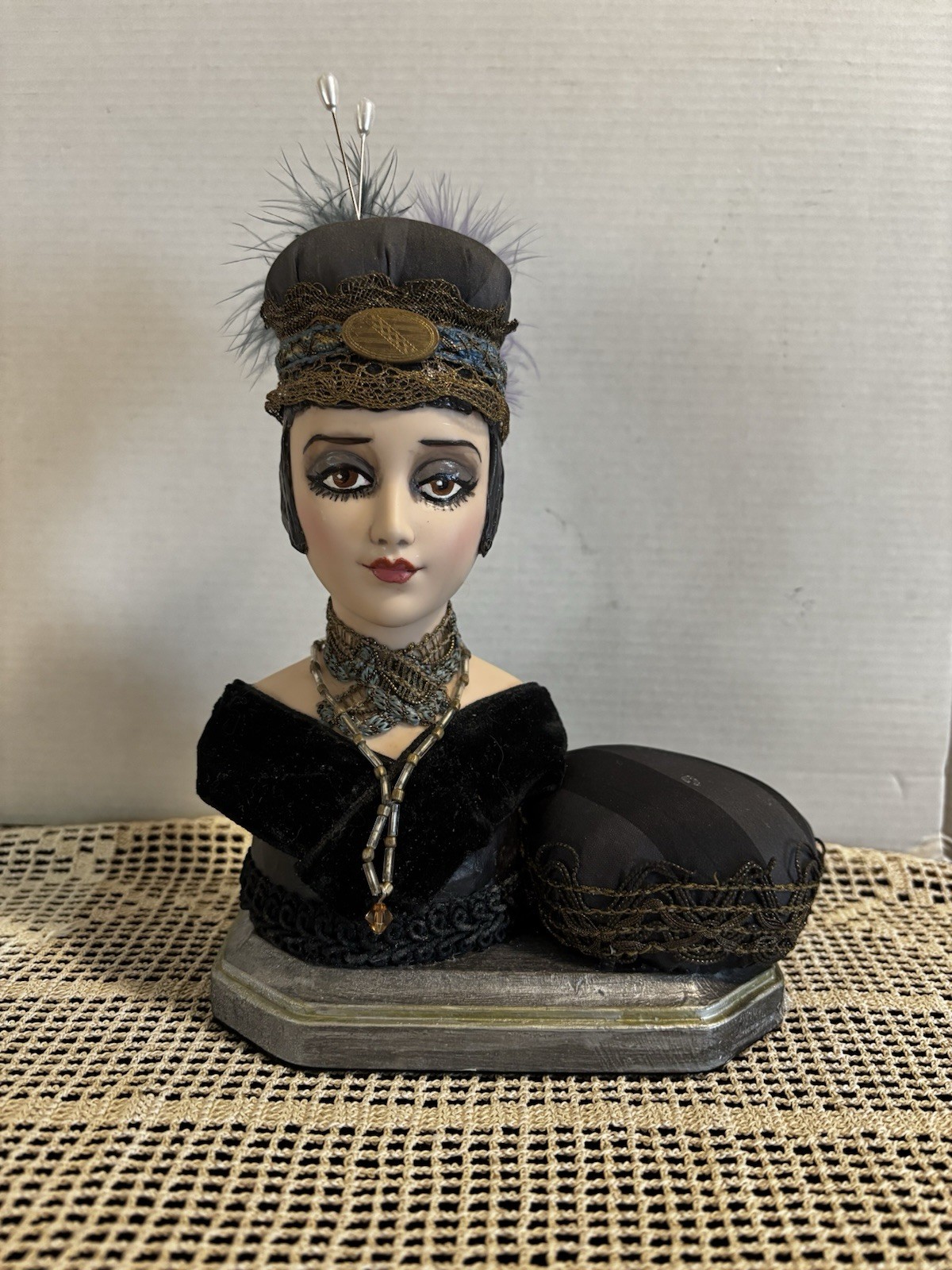 Custom Artist Boudoir Doll Pin Cushion Figure Assemblage Edwardian Ribbon Trim