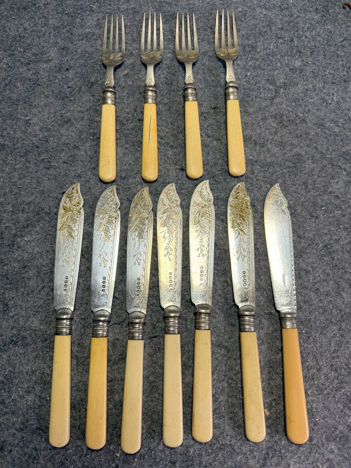 Vintage EPNS Silver Plate Fish Knife & Fork Set Faux Bone Handles Floral Pattern