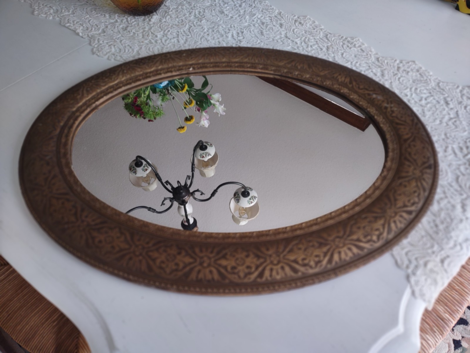 Antique Mirror Old Vintage Gold Gilt Gesso Oval Wood Wall 24″x10″ Floral