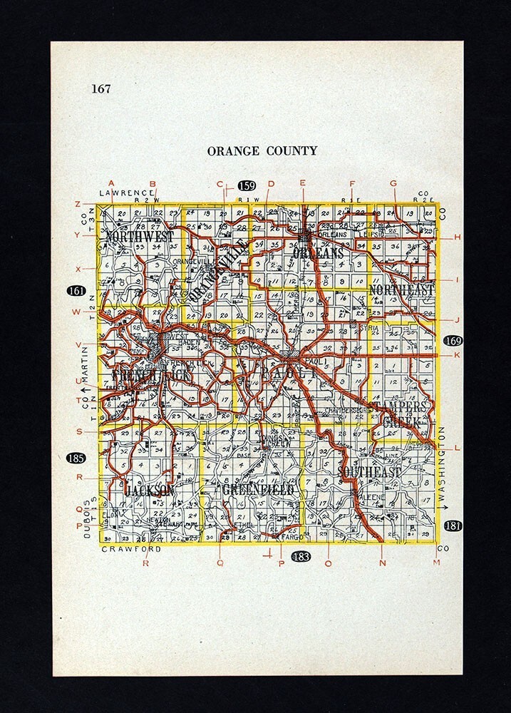 1917 Bowen Auto Road Map – Orange County Indiana – Paoli Orleans French Lick IN