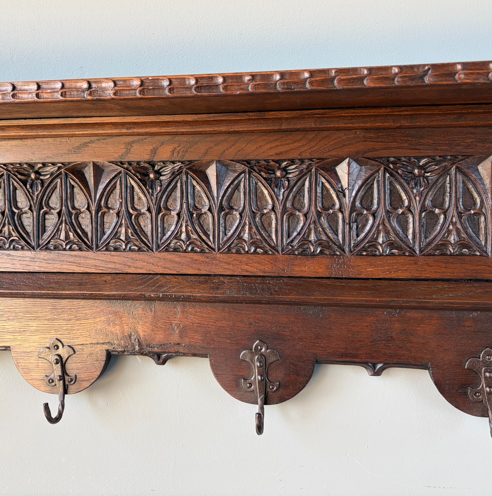 52″ Antique Gothic French Solid Oak Coat Rack Hall Tree Wood Shelf w/Iron Hooks