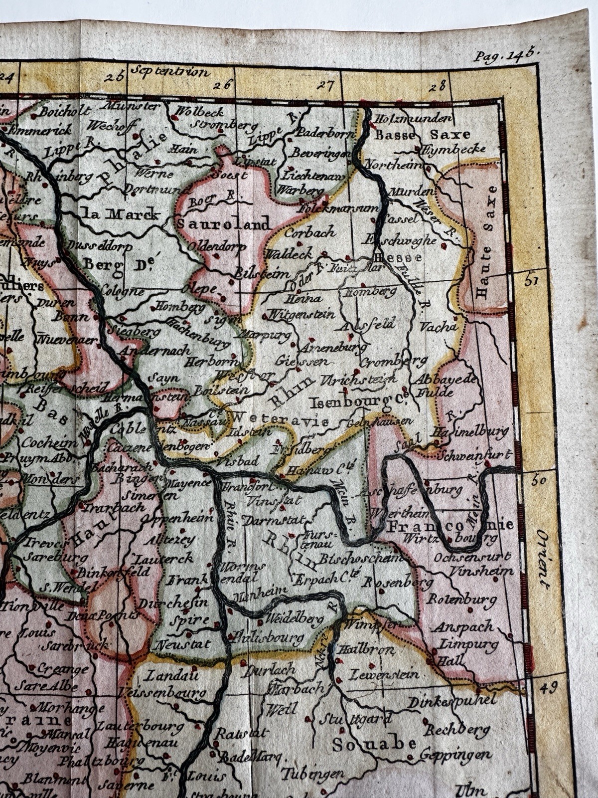 Germany Circles upper & lower Rhine 1744 engraved hand colored miniature map