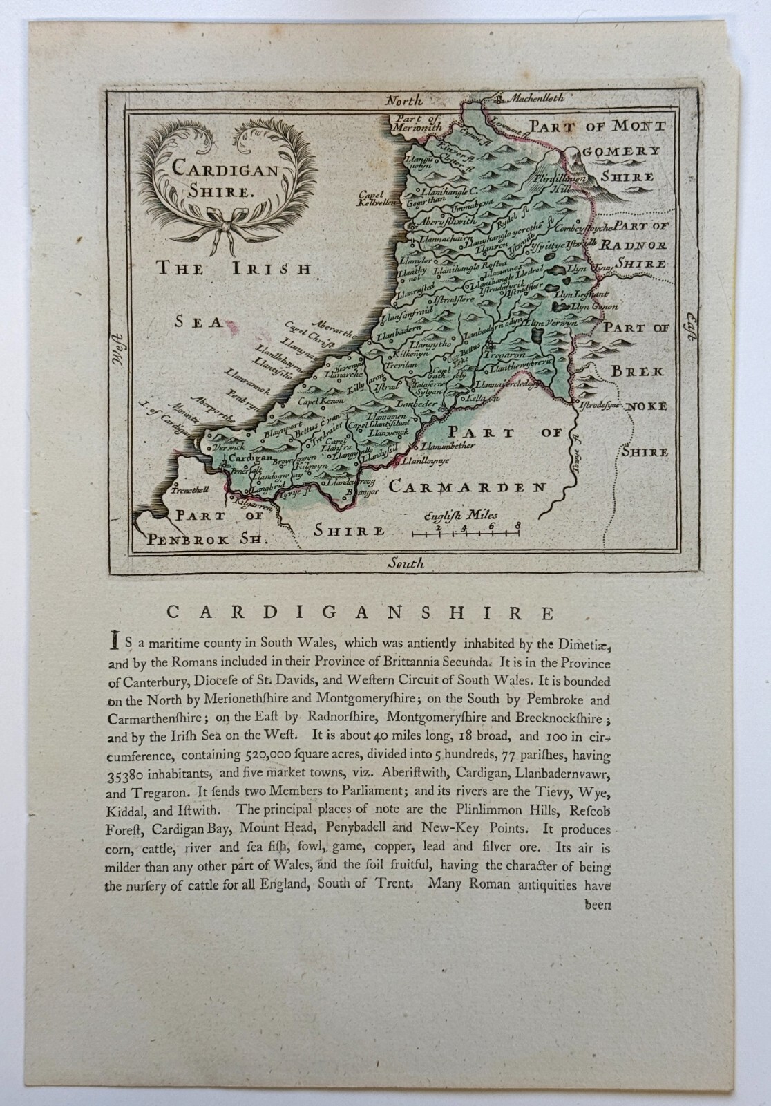 Cardiganshire Wales map c1783 by Francis Grose, 10 X 6.5 inches **[31670]