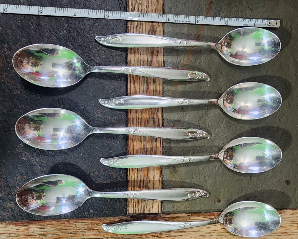 ✅ LOT OF 7 MID CENTURY c1958 WOODSONG SILVERPLATED TEASPOONS/ TEA 🍵 SPOONS