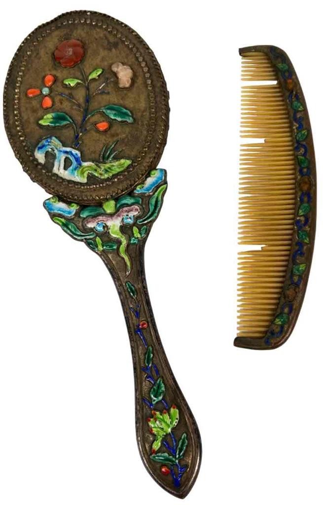 Antique Chinese Export Silver Gilt Enameled Gemstone Inlay Hand Mirror Hair Comb