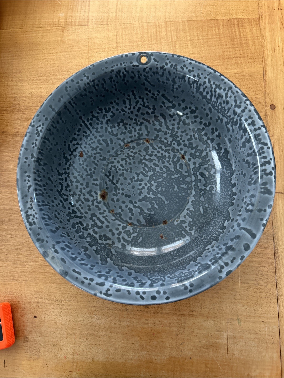 Vintage Gray Speckled Mottled Graniteware Enamelware Primitive Pan Bowl 12 1/2”