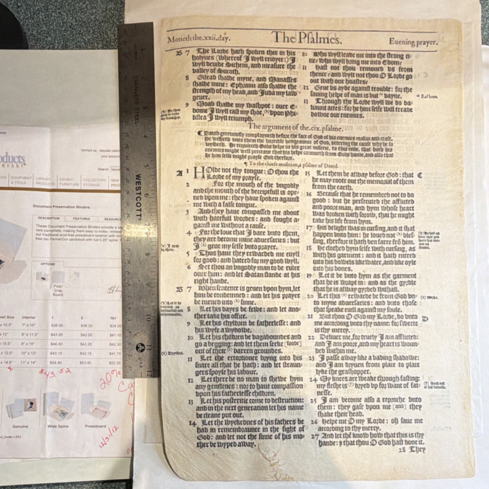 King James 1613 Psalter Original Handwritten Manuscript Bible Leaf w/ Certifica…