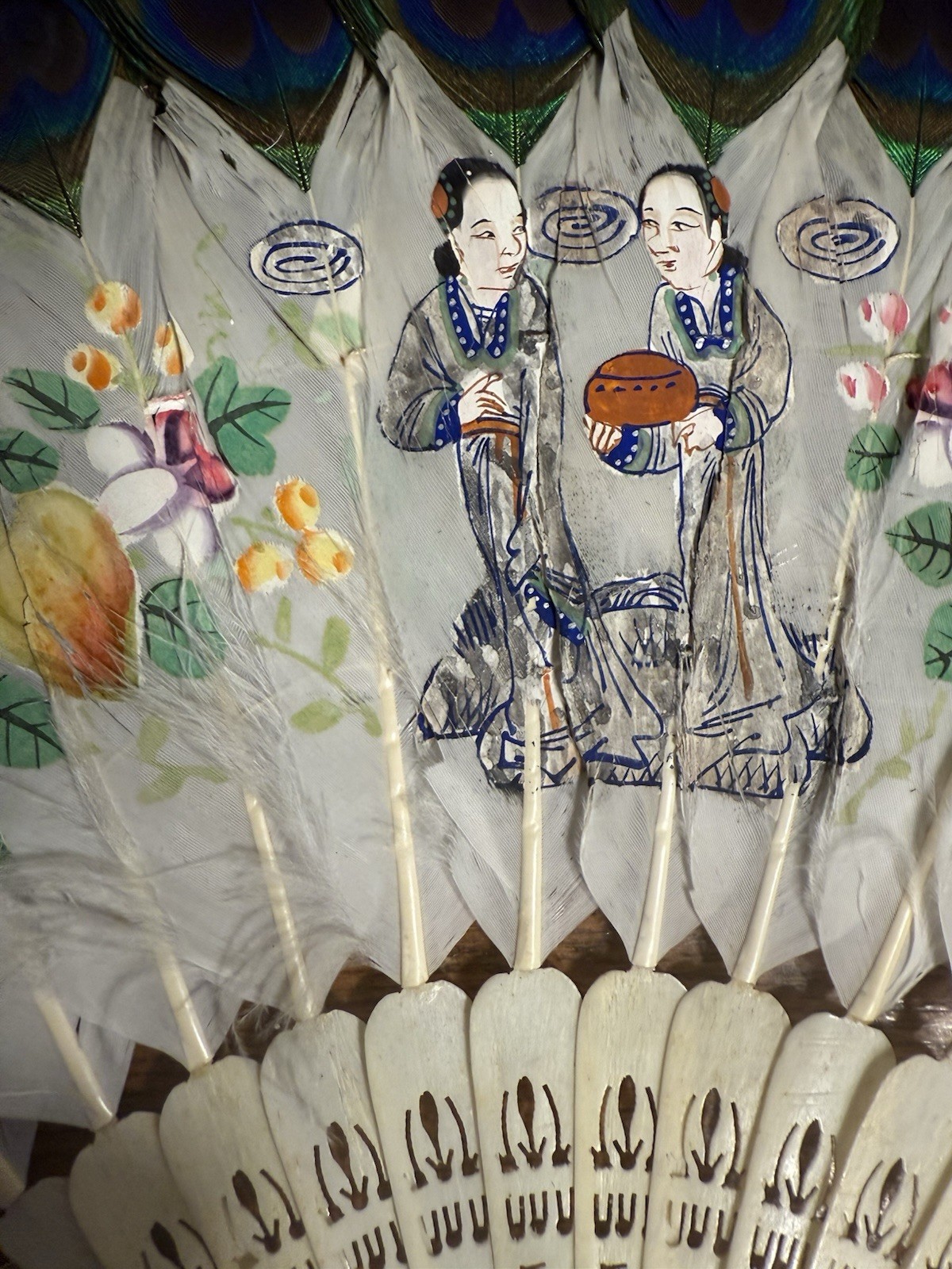 Antique Chinese Painted Peacock Feather Fan With Carved Sticks