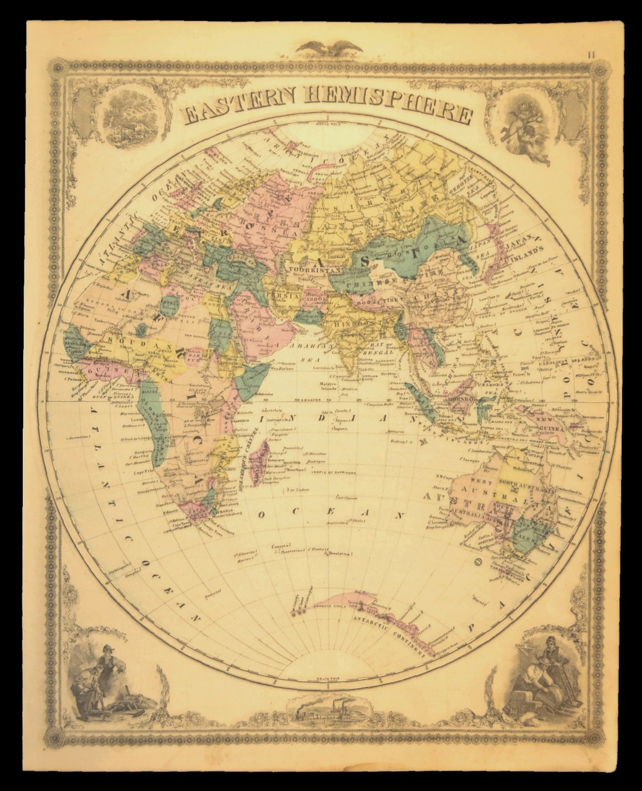 ca 1875 World Map of the Eastern Hemisphere Hand Colored Original Atlas Antique