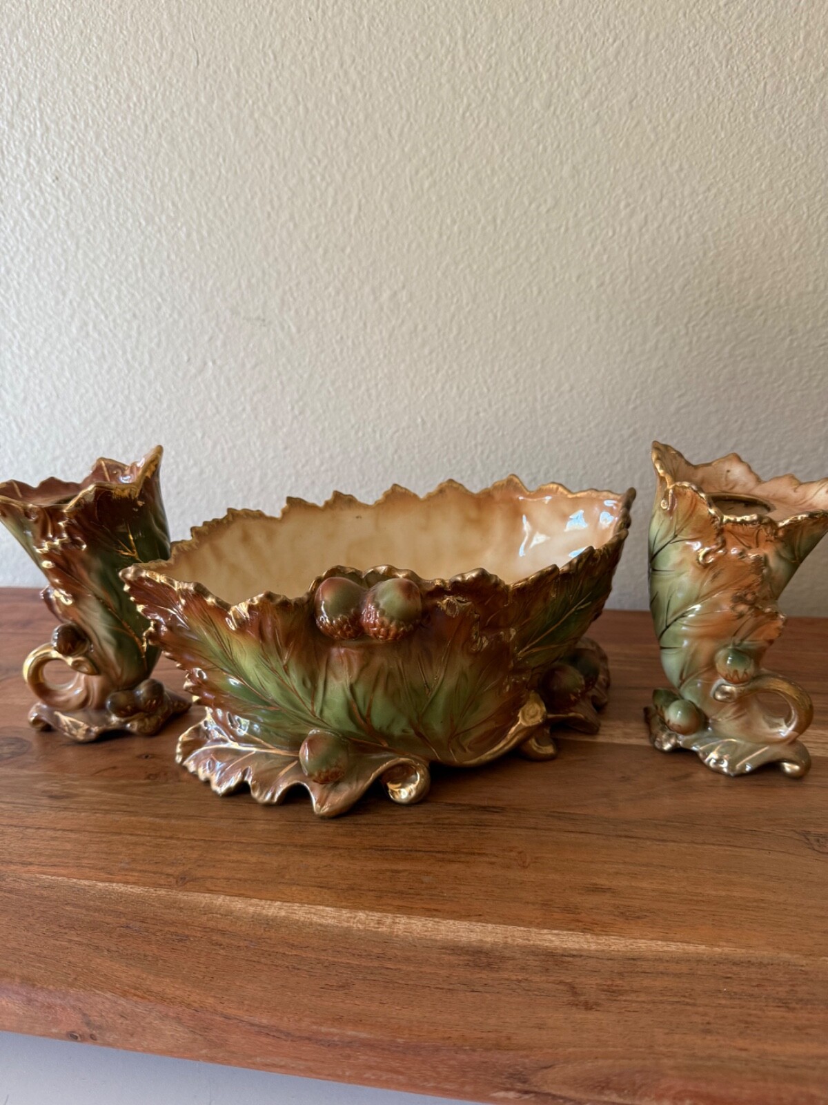 Vintage rare Enesco Cornucopia Oak Leaves and Acorn vases and Bowl set