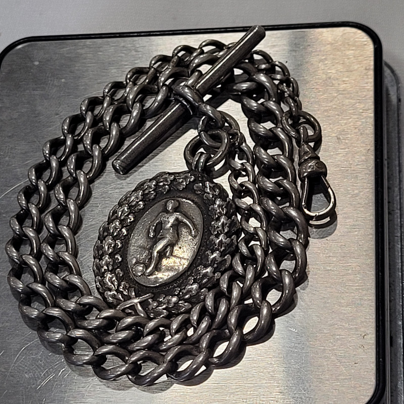 Excellent Vintage Silver Pocket Watch Albert Chain 1923 Football Fob