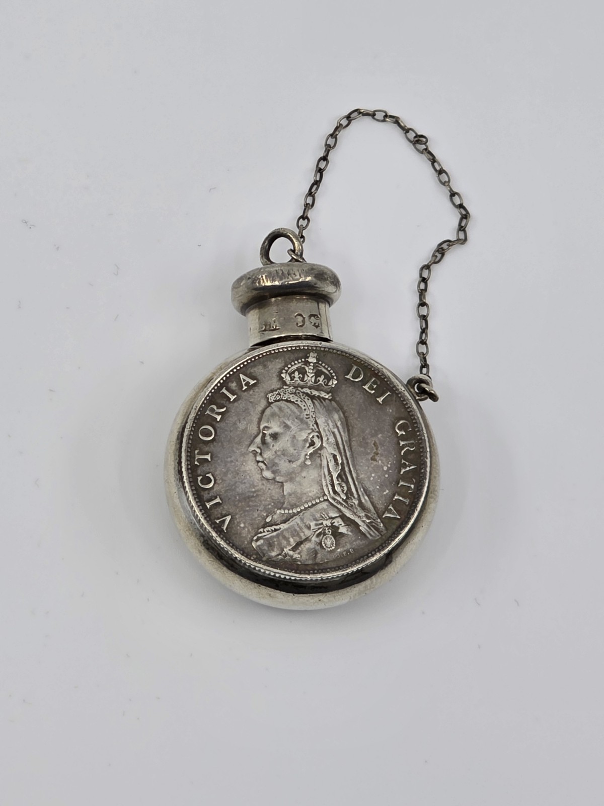 Victorian Solid Silver Scent Bottle Vinaigrette – 1887 Queen Victoria Coin Form