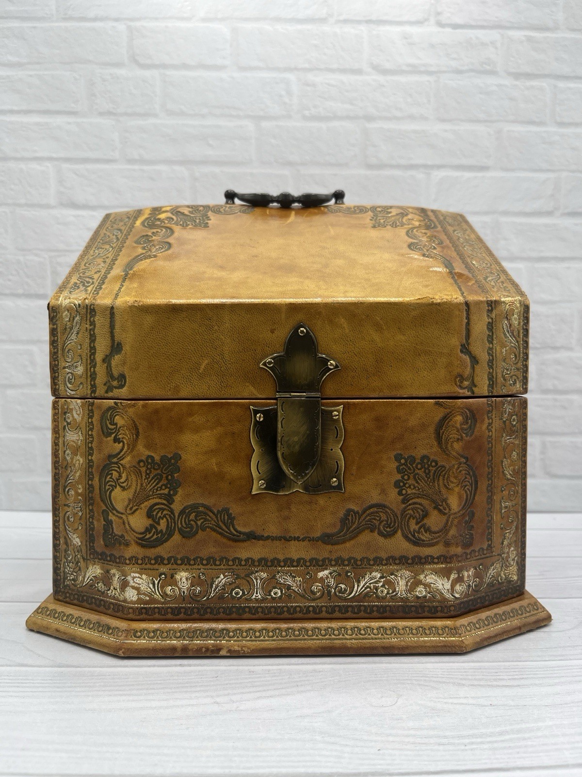 Italian Leather Desk Florentine Organizer 19th Century. “Tooled Leather Box”