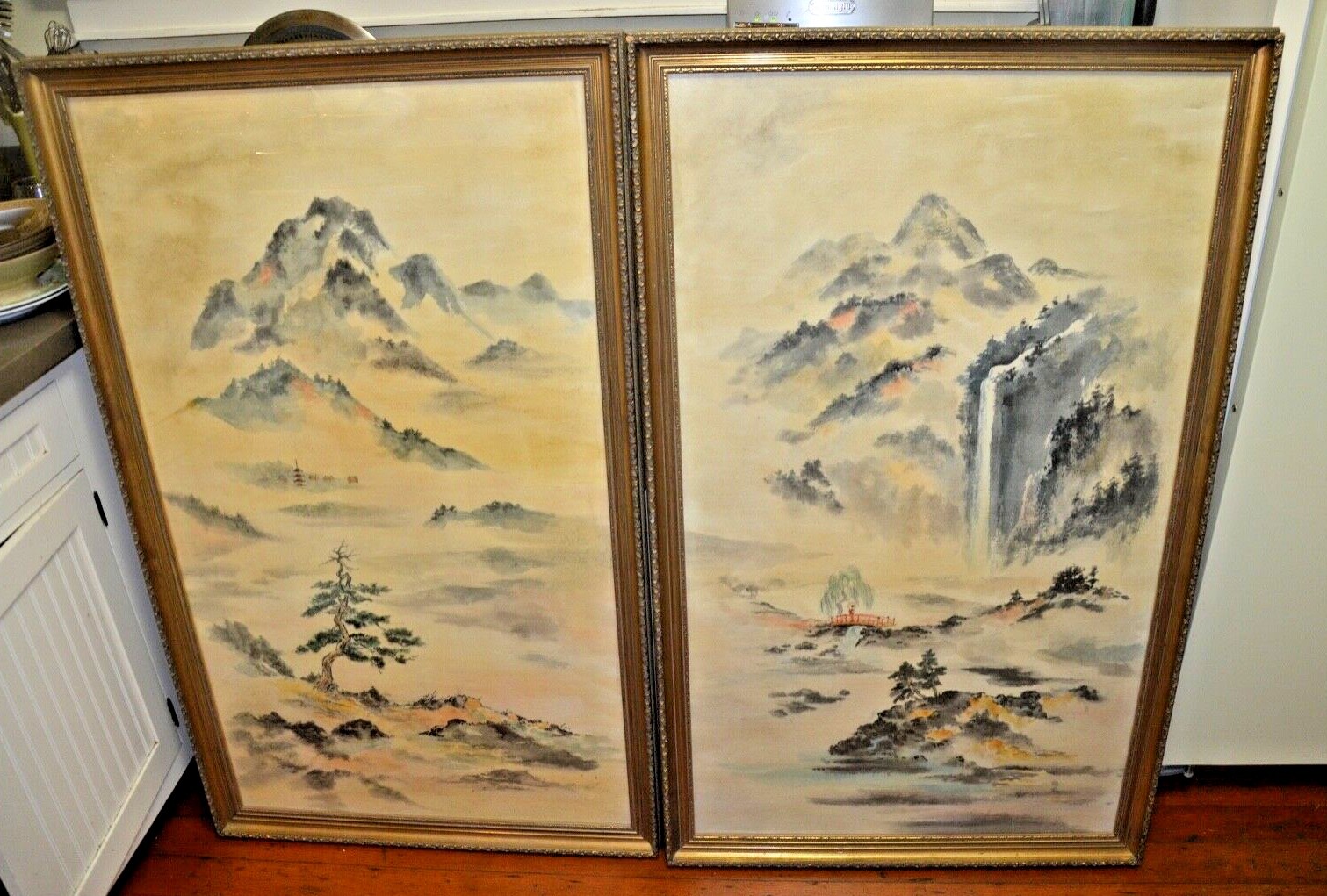 qty 2 Large ANTIQUE JAPANESE WATERCOLOR PAINTING LANDSCAPE – 50″X30″