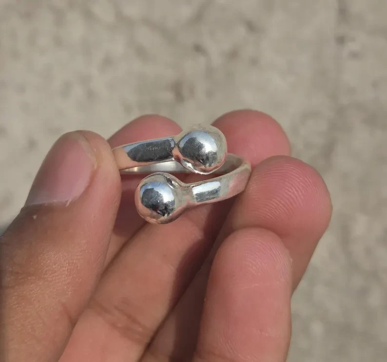 Minimalist Sterling Silver Open Ring with Ball Ends Adjustable Silver Band Ring