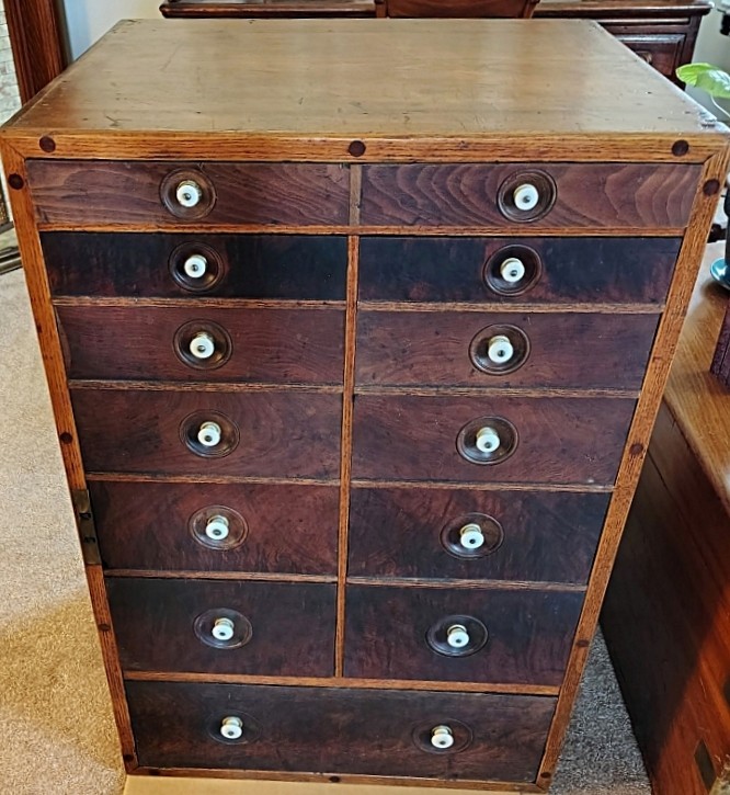 RARE Antique Printer Document Parts Photo Cabinet 12 Drawers Porcelain Burl Wood