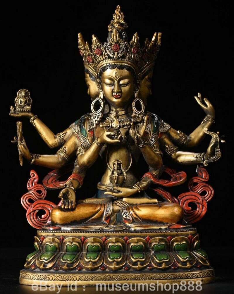 12″ Old Chinese Bronze Paintings Buddhism 3 Head 6 Arms Namgyalma Sculpture