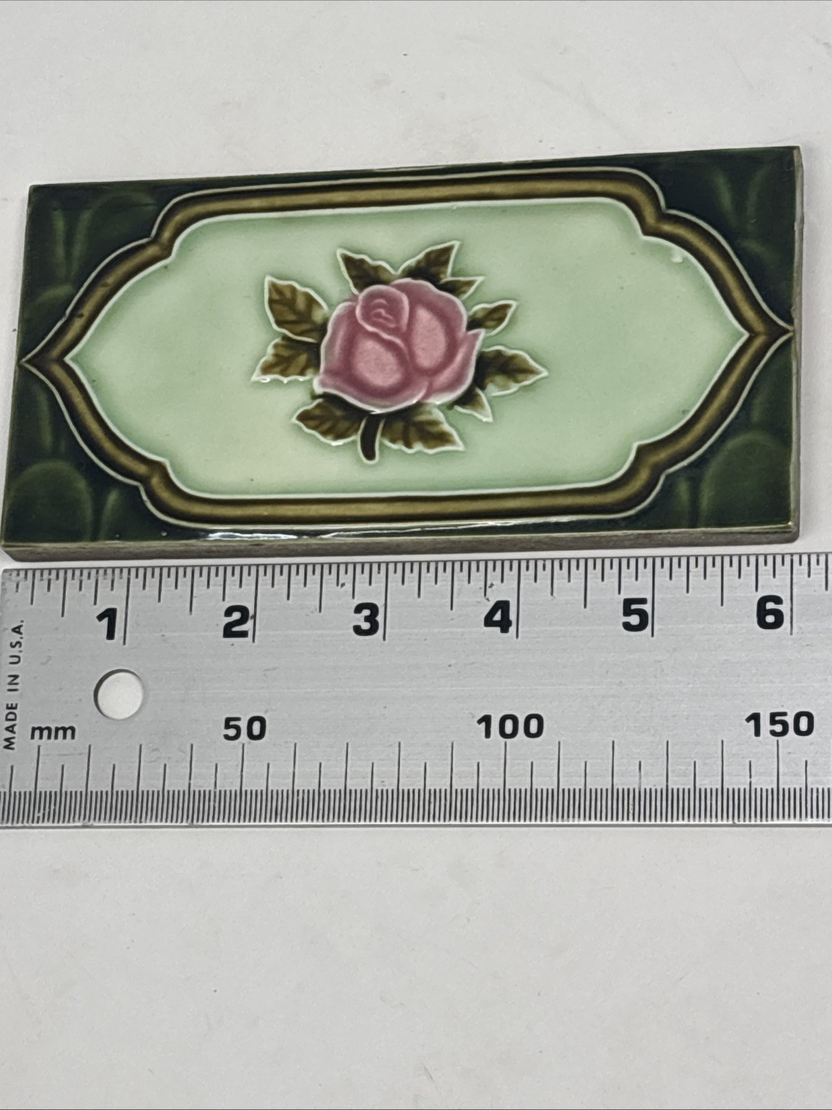 4 Vintage Art Nouveau Rose Pink Flower Border Tile Majolica 6” x 3” Japan