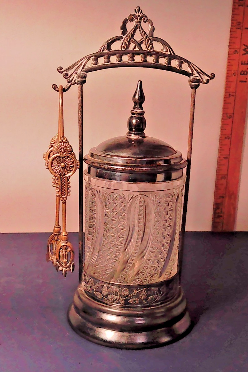 Antique Victorian Glass Pickle Castor w/ Ornate Art Nouveau Frame & Tongs
