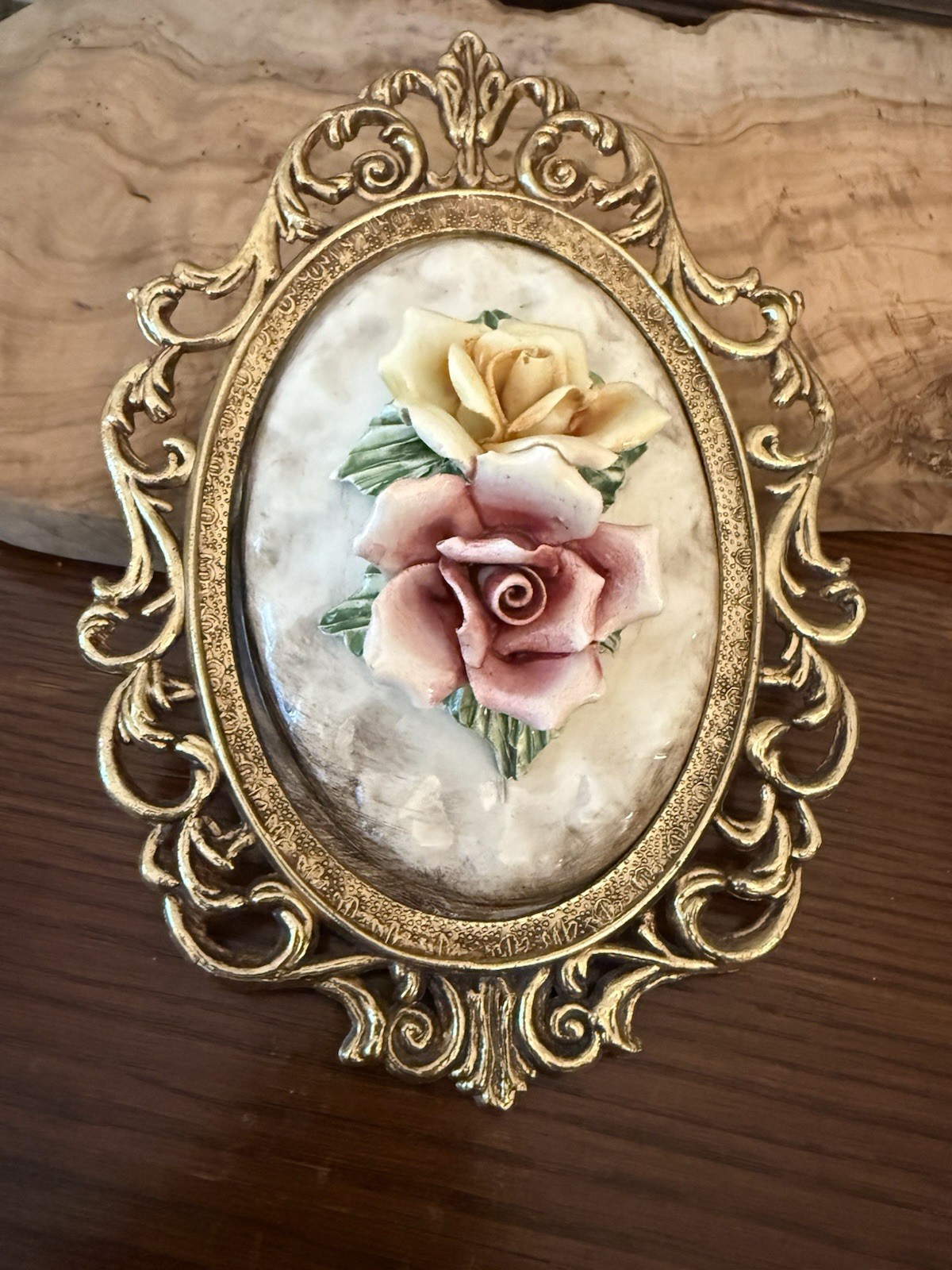 Vintage Floral Porcelain Wall Plaque Ornate Frame Capodimonte Style Gilt Boroque