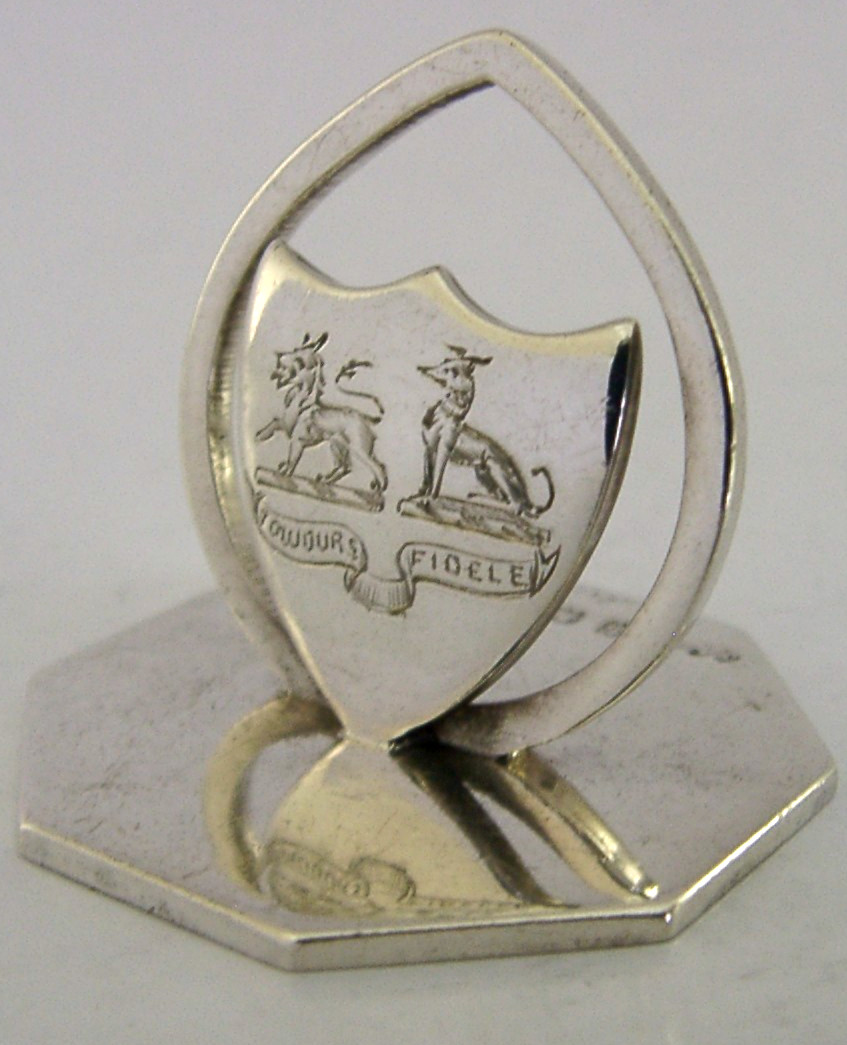 STERLING SILVER DOUBLE CRESTED MENU HOLDER PLACE MARKER 1905 ANTIQUE