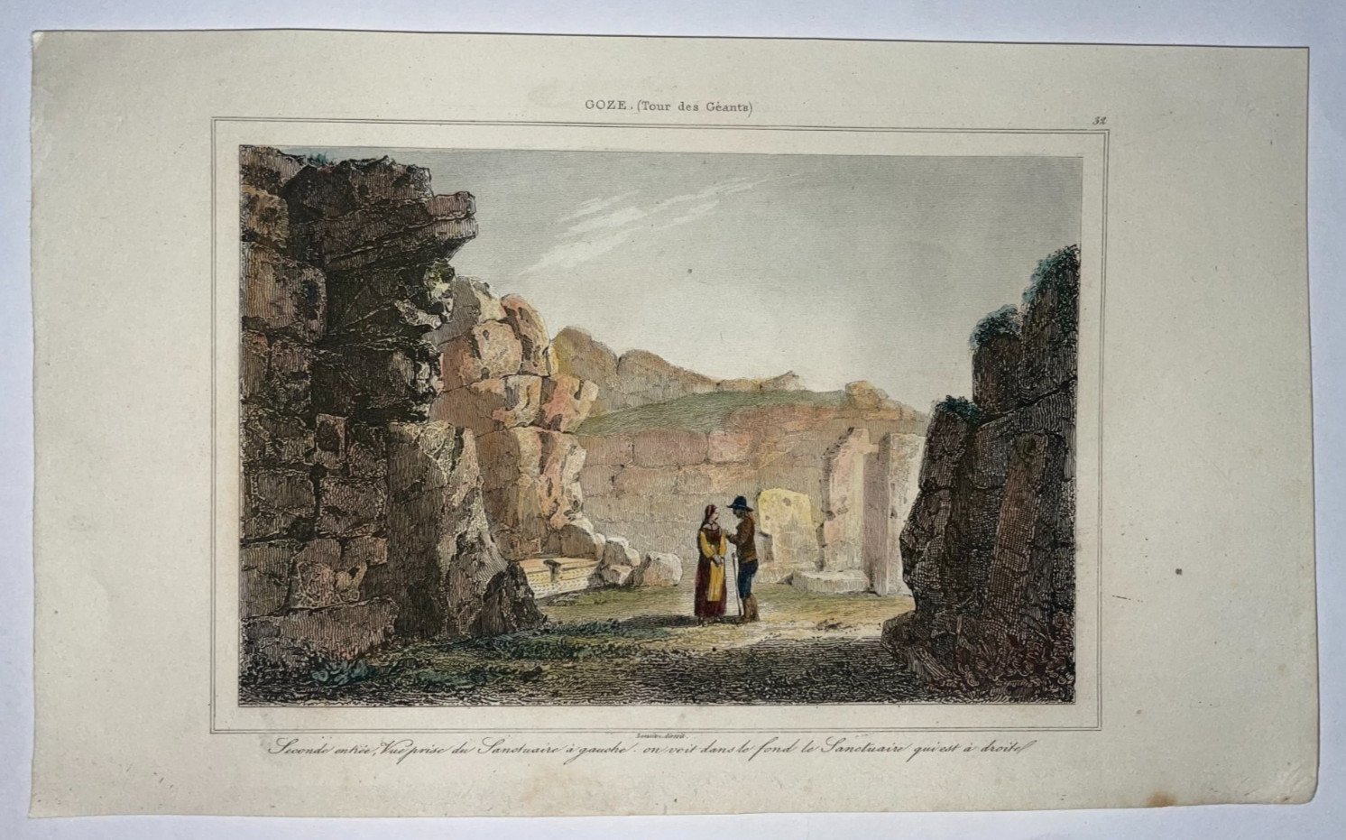 MALTA GOZO TOUR DES GEANTS 1860 ANTIQUE ENGRAVED VIEW 19TH CENTURY