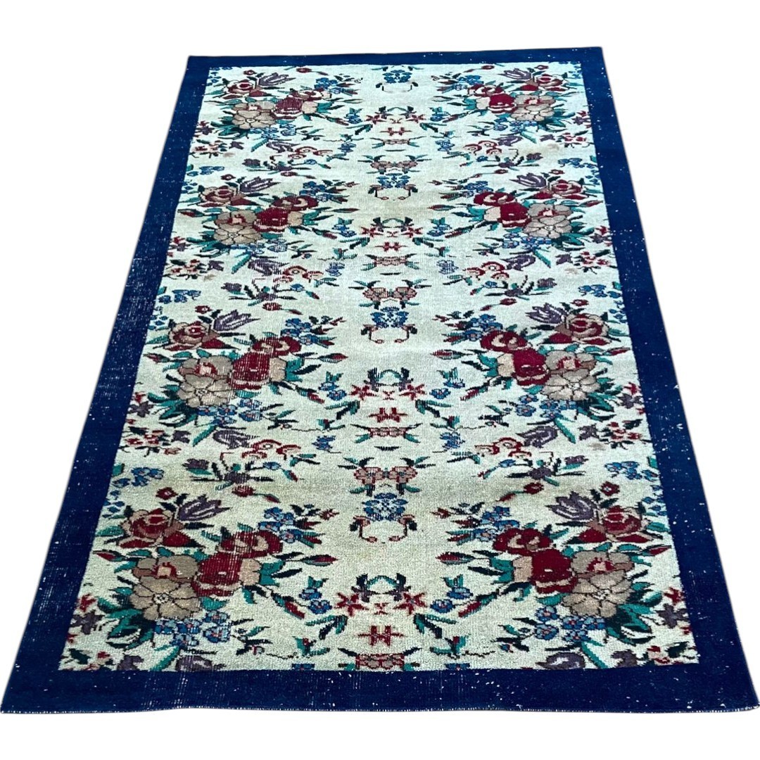 Classic Turkish Area Rug: (3.6×6.5 feet) Vintage Blue Floral Pattern Wool Carpet