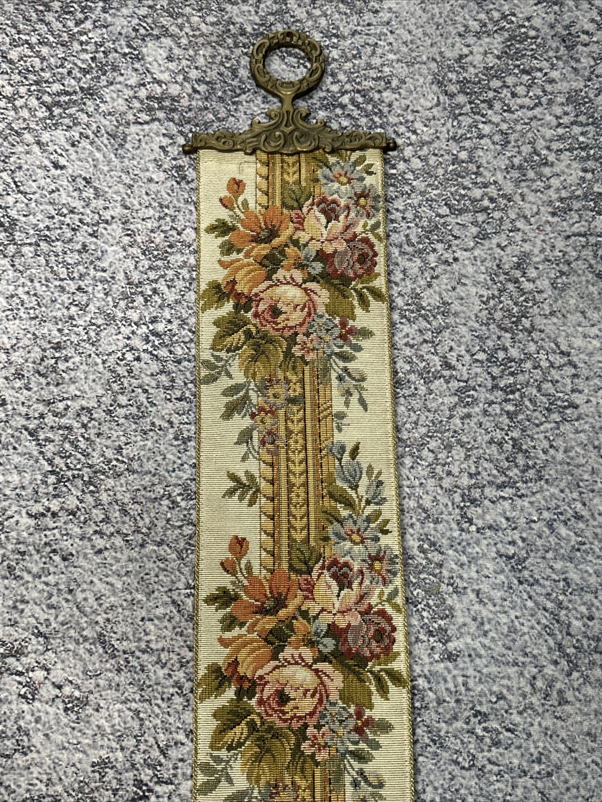 Vintage 38” MCM Corona Decor Tapestry Wall Hanging Roses Ornate Solid Brass Ends