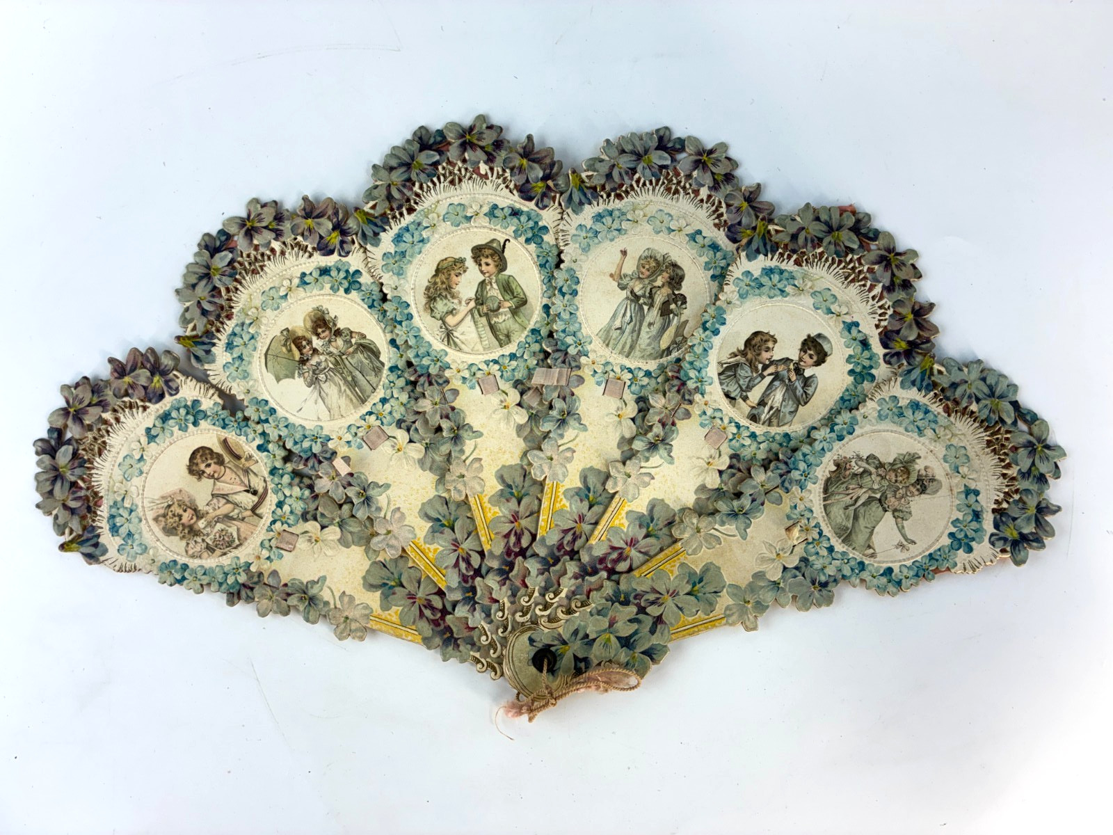 Antique Victorian Die-Cut Folding Fan Original Pockets Forget-Me-Not Flowers