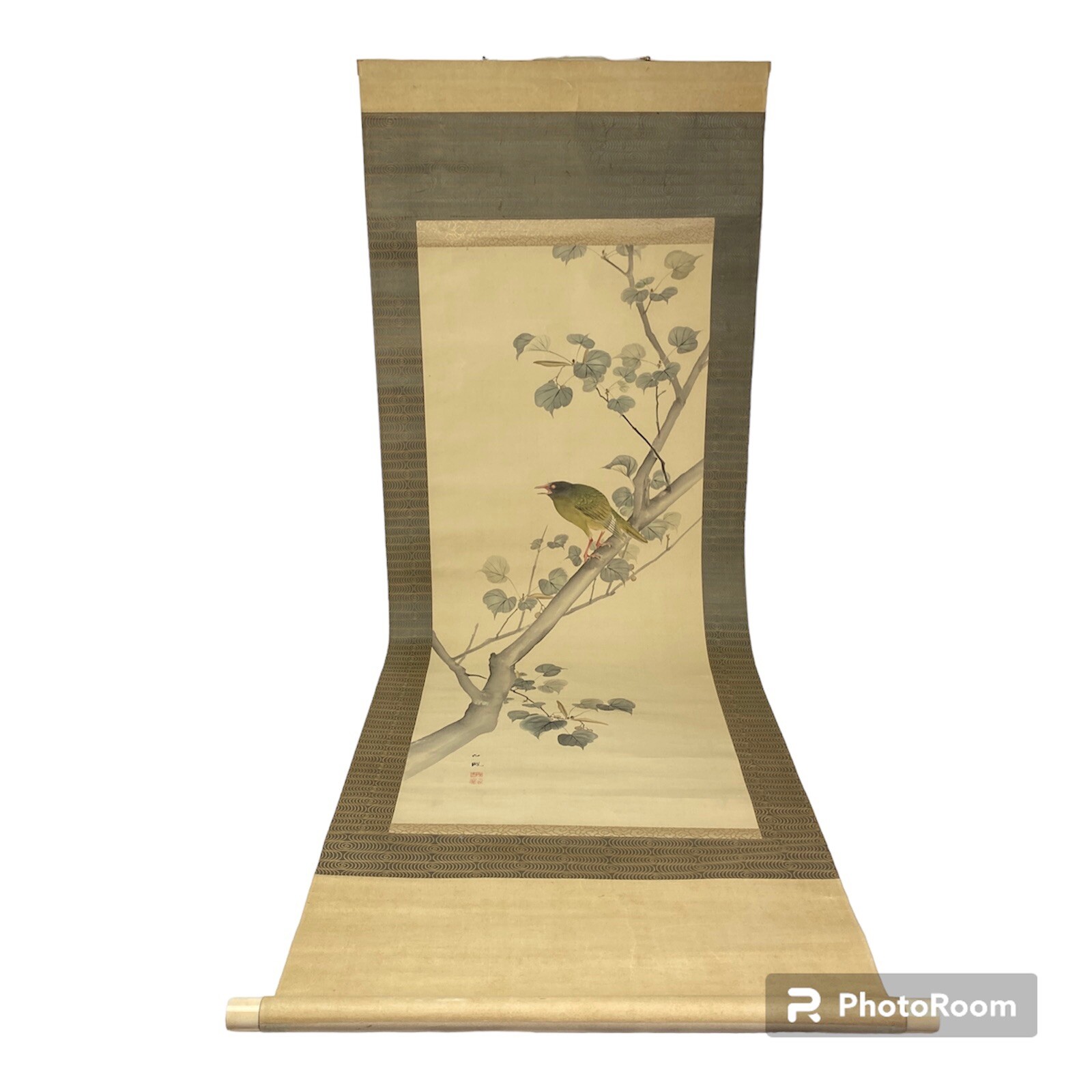 Antique Asian Bird Floral Scroll Wall Hanging Decorative Ends Collectible Roll