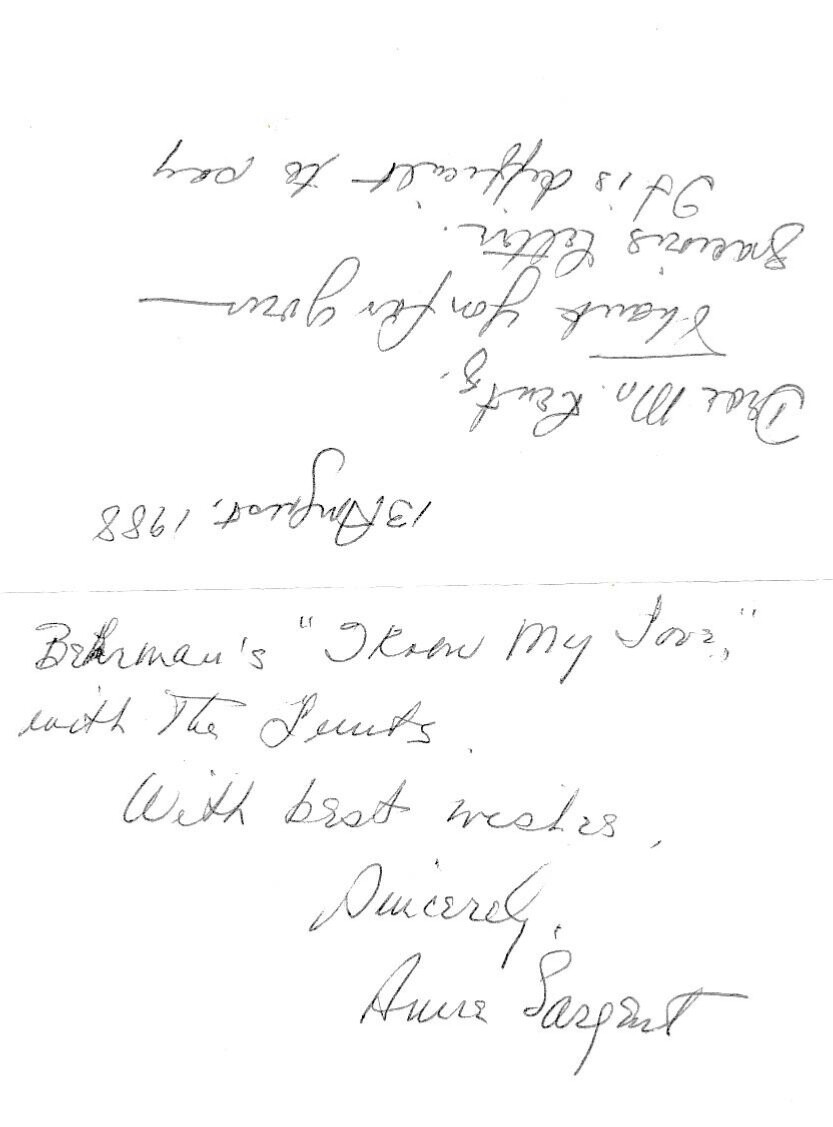 Anne Sargent- Handwritten Signed Letter (Ent)
