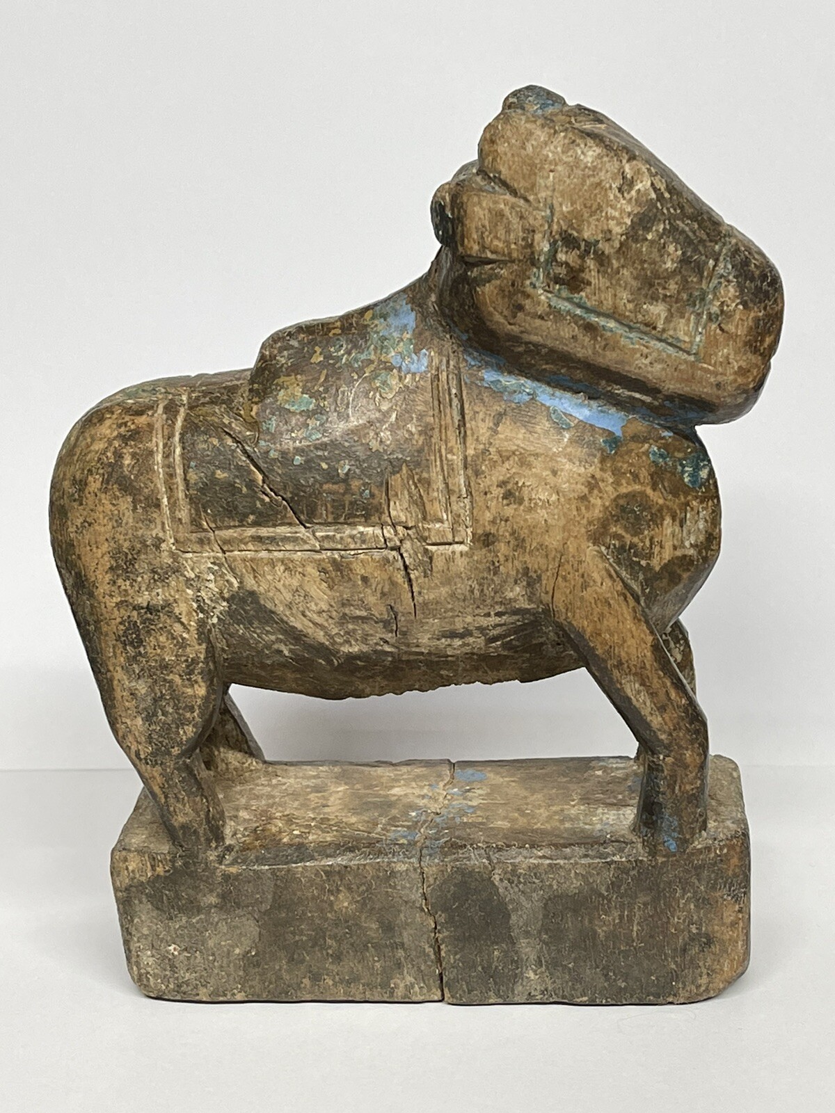 Toy Nandi Cow Bull Carved Wood Figure Decor Cracked Base Hinduism Small