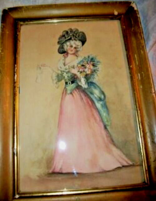 1890s Victorian Watercolor Painting French Lady Pompadour Chippy Gilt Frame