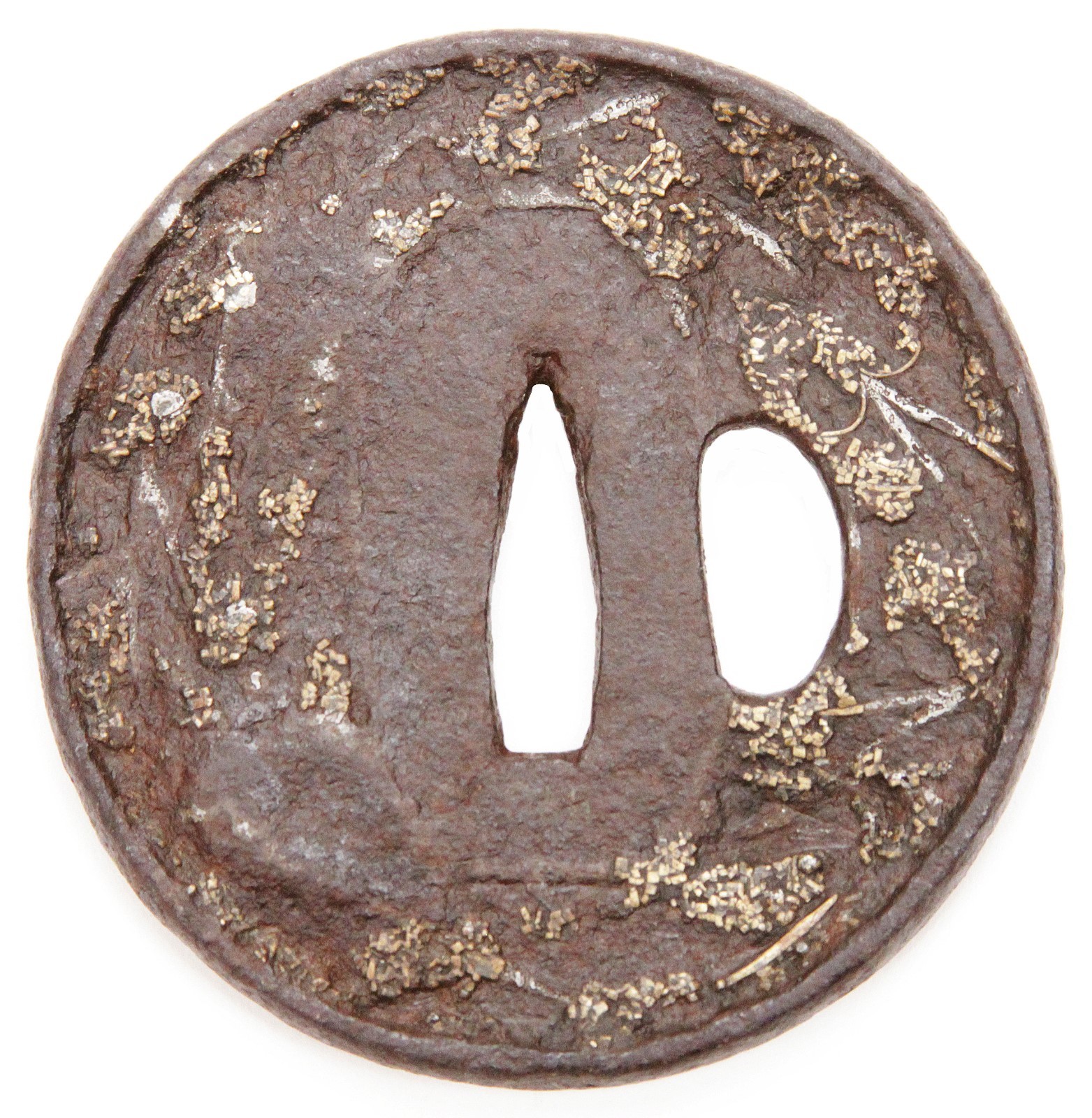 Antique Japanese Tsuba Iron Tembo Gomoko Brass Inlay Katana Koshirae Sword Guard