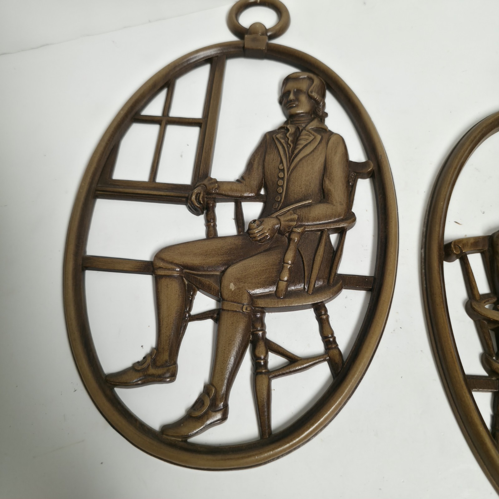 2 Vtg Syroco Wood Wall Hanging Plaques Man Woman Syracuse Ornamental Co USA