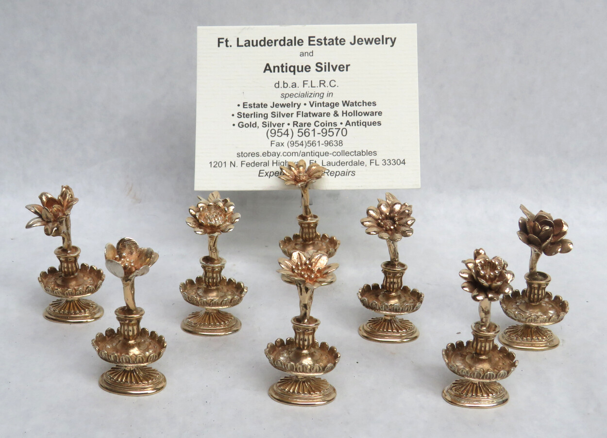 RARE C.1920’s GOLD WASHED (8) STERLING SILVER FLOWER SHAPE PLACE CARD HOLDERS
