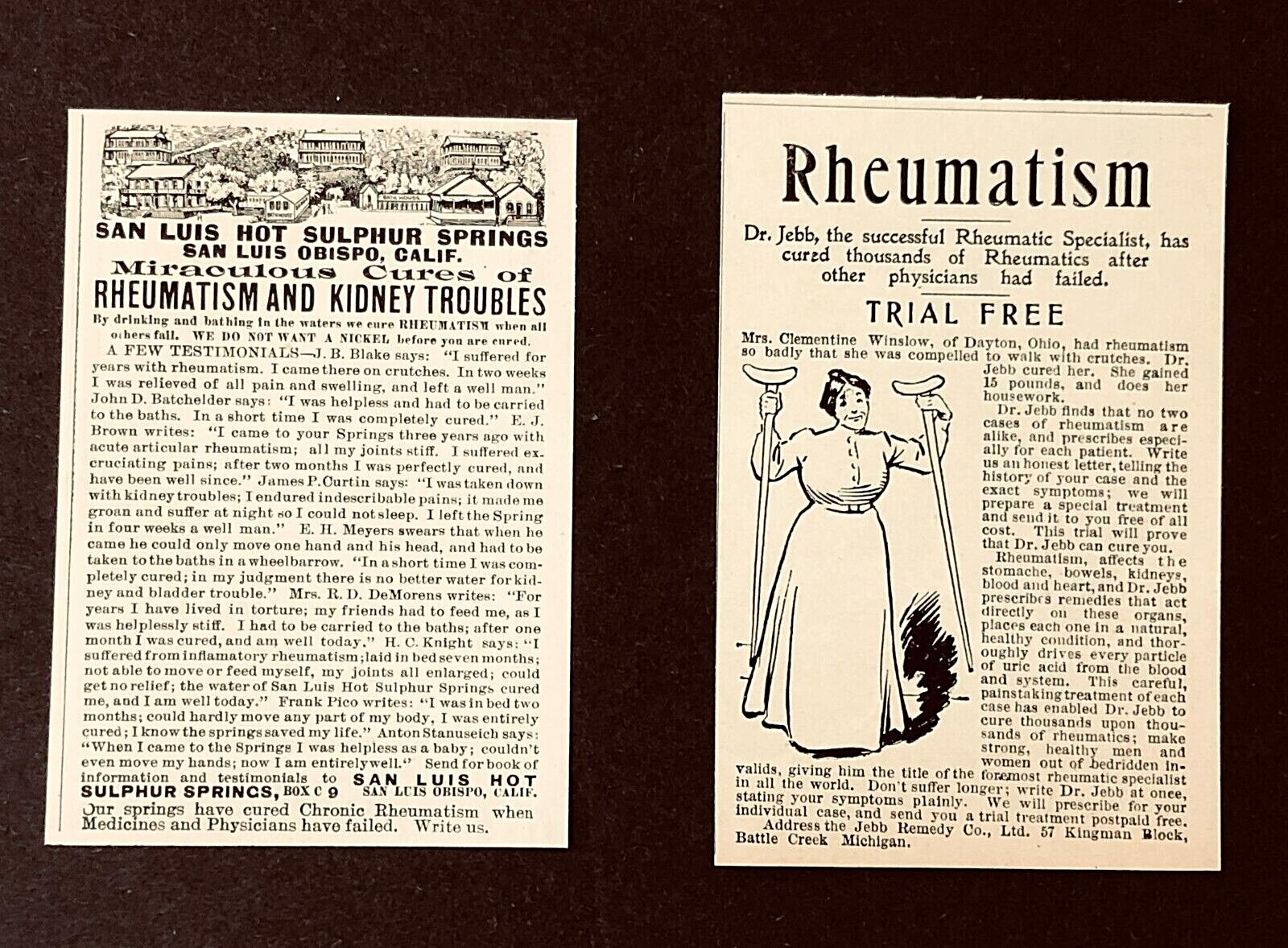 1904 Rheumatism Advertisement LOT of 2 Quack Medicine Cures Antique Print AD