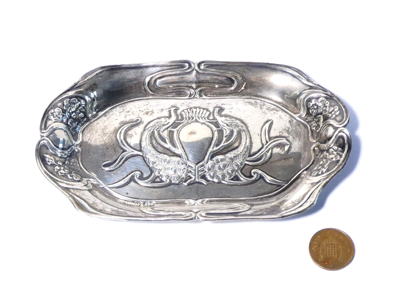 1901 Art Nouveau Sterling Silver Pin Dish / Tray with 2 Peacock Design #T87